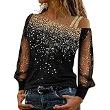 Briskorry Tunika Damen Oberteile Kurzarm Schulterfrei Blusen Sexy Glitzer Spitze Tops Modisches Lässig Bluse Elegant Pailletten T-Shirt für Sommer Spitze Sweatshirt Streetw