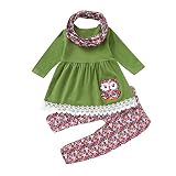 Baby Jogginganzug Junge 74 Kinder Kinder Mädchen Comic-Stickerei Eulenkleid + Blumenhose + Tuch-Set Bekleidungsset Sommer Mädchen (Green, 18-24 Months)