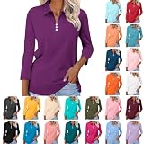 Sommer-Polo-Tops für Damen, V-Ausschnitt, übergroße 3/4-Ärmel, T-Shirts, Sommer, lässig, lockere Knopfleiste, Tunika, bequeme Blusenkleidung, Orange #2, XXL