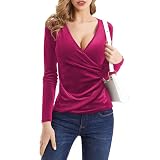 Rongseng Langarmshirt Damen Sexy Tiefer V-Ausschnitt Velvet Samtshirt Langarm Oberteile Wickel Samt T-Shirt Bluse Elegant Pullover Slim Fit Tunika Tops für Party Club Alltag F
