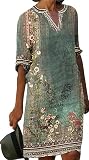 Tunika Kleid Damen Sommer Schwarze Kleider Kleid schwarz Damen elegant Blumendruck V-Ausschnitt T-Shirt mit halben Ärmeln Midikleid Strandkleid lang (Grün, 5XL)