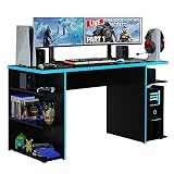 Madesa Gaming Computertisch, Schreibtisch, PC-Tisch, Bürotisch mit 5 Regale, 136 x 60 x 75 cm, aus Holz - Schwarz/B