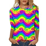Damen-Tunika, Übergröße, 3/4-Ärmel, elegant, Regenbogen-T-Shirt, Sommer, Rundhalsausschnitt, Tunika, Top, Batik, lose T-Shirts, ästhetischer Pullover, Top, Alltag, Urlaub, Party, Bluse, 20, M