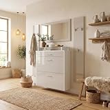 Vladon Garderobe Malea, Garderobenset bestehend aus 1 Hängeschuhschrank, 1 Wandspiegel und 2 Garderobenpaneele, Weiß matt/Sandgrau Hochg