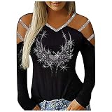 Modisch Tunika Bluse Damen Langarmshirt Oberteile Sexy Heißes Bohren T Shirt mit Elektrokardiogramm Motiv Pullover mit fünfzackigen Sternen und Pailletten schulterfreie Sling S
