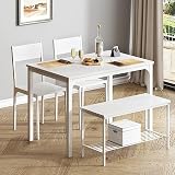 soges 4 Personen Esstisch-Set Essgruppen 110cm Küchentisch-Set für 4 Personen, 2 Stühle mit Rückenlehne, 2-Personen-Bank mit Aufbewahrungsregal, Nesting-Möbel-Set für Esszimmer,Weiß