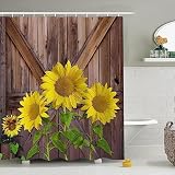 JUZGTSIT Duschvorhang aus Holz für Badezimmer mit Haken, gelbe Sonnenblumen, grüne Blätter, Wohnmobilstand, Bauernhaus, Badewanne, Heimdekoration, Pflanzen, Stoff-Duschvorhänge, 183 x 183