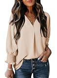 Dokotoo Bluse Damen Sommer Musselin Tunika Shirt 3/4 Ärmel Elegant V-Ausschnitt Oberteil Flowy Locker Longshirt Tops, Aprikose, S