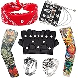 9 Stück Verkleidungen Rock Zubehör, Kostümzubehör Punk mit Fake Tattoo Ärmel Bandana Schwarz PU Handschuhe Armband und Ringe für Frauen Männer Erwachsene Party der 70er 80er 90er J