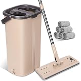 OZD Wischmopp- und Eimer-Sets, Mikrofaser-Bodenwischer und Eimer mit Edelstahlgriff, Nass- und Trockenanwendung, flache Mops für die Reinigung von Laminatfliesen, Hartholzböden, 6 wiederverwendb