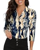 Soneven Poloshirt Damen Langarm 3/4 Arm Golf Polo Oberteil Bluse Damen Sommer Elegant Blusenshirt Damen mit V-Ausschnitt Business Hemdbluse Casual T-Shirt Crack-Druck L