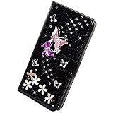 Herbests Kompatibel mit Samsung Galaxy S5 Hülle Leder Handyhülle Diamant Bling Strass Glitzer Schmetterling Blumen Muster Leder Tasche Flip Cover Case Klapphülle Schutzhülle,Schw