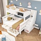 Rtopsu Etagenbett Kinderbett 90x200 & 140x200 cm für 2-3 Kinder, Hochbett mit Treppe und 2 Stauraum Schubladen, Bett mit Rausfallschutz und Lagerregal, Hausbett mit Lattenrost, Weiß, Ohne M