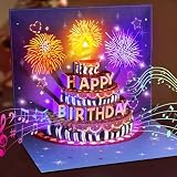 FITMITE Happy Birthday Geburtstagskarte Pop Up Kuchen Geburtstagskarten mit Musik und Licht 3D Feuerwerk Karte Geburtstag Geschenke für Frau Männer F