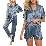 Schlafanzug Damen Satin Kurz Pyjama Set Nachtwäsche Sexy Sleepwear 4-teilige Satin Pyjama Set Damen Schlafanzug Frauen Seide Nachtwäsche Hausanzug Kurz Sommer Pyjama Set L