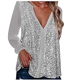 Glitzer Oberteile Damen Elegant, Langarmshirt Damen Pailettenshirt,T Shirt Damen V Ausschnitt Langarm Bluse Tunika Top Pailetten Pullover Locker Lässig Party Oberteil Blusen & Tuniken für F