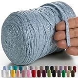 MeriWoolArt® Makramee Textilgarn zum Häkeln und Stricken - DIY glitzern flache T-Shirt Band Garn Dicke 10 mm, 125 m - Recyceltes Baumwollgarn mit Lurex, Viscose (Lurex Babyblau)