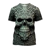 T-Shirt Herren 3D-Druck Kurzarm T Shirts mit Totenkopf Aufdruck Tshirt für Herren Retro Gothic Skull 3D-Buchstaben Trendig Bedrucktes Rundhals-Sweatshirt Oberteile Sport Top
