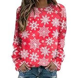 Damen Daily Merry Christmas Print O-Ausschnitt Sweatshirt Rundhalsausschnitt Pullover Tops Lässige Langarm-Trainingshemden Lockere Bluse College Damen Vintage Damen Pullover S