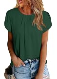 Dokotoo Damen Bluse Kurzarm Falten Tunika Elegant Chiffon Blusenshirt Sommer Rundhals Lose Oberteile Shirts Top, grün, L