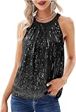 Frauen Pailletten Tank Party Weste Shirt Sparkly Pailletten Halter Dressy Party Weste Glitter Ärmelloses Shirt (Schwarz,XL)