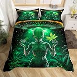 Trippy Alien Bettbezug 135x200,Psychedelic Ufo Weiche Bettwäsche Sets für Schlafzimmer,Abstrakte Raumschiff Bettbezug für Kinder Jungen Teens,Grünes Marihuana Botanisches Kein Tröster Schlafzimmer S