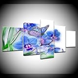 FatAco 5 Teile Blaue Schmetterlingsblumen Natur Die Bilder sind auf Echtholzrahmen montiert. Kunstvoll gedruckte Wandb
