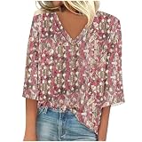 Halben Ärmeln Tshirt Damen Elegant V Ausschnitt Tops mit Blumen Drucken Blusenshirt Kurzarm T-Shirts Sommer Oversize Shirt Casual Blusen und Tuniken für Frauen Party Oberteil Tunika Top Hemden T