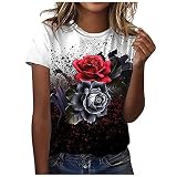 Tshirt Damen Lässige Oberteile mit 3D Rosen Schmetterlings Druck Sommer Tops Kurzärmliges T Shirt mit O Ausschnitt floralen Motiven Hemden Basic Shirt Lockere All Match Bluse Geschenk für F