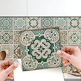 WALPLUS 24 Stück 15x15cm Vintage Green Antique Azulejo Wandfliesen Aufkleber Küchenrückwand Selbstklebende Fliesen Küche Bad Dekoration Fliesenfolie Fliesenabziehb
