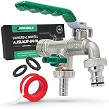 RAVENBOLD Universal Wasserhahn Garten 1/2 Zoll [+ 3/4 Zoll Adapter] - frostsicherer Doppel Garten Wasserhahn aussen - für Bewässerungssystem und Regentonne - Gartenwasserhahn mit Kug