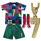 URAISEUS Jungen Fußballtrikot für Kinder, Jugendgröße, Trainingsanzug, Geschenk, Kindertrikot mit Socken und #7 Halsketten, Grün , 12-13years/size28