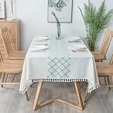 Beydodo Tischtuch Outdoor 100x160CM, Tischdecken Abwaschbar Rechteckig Stickerei mit Grün Kariert Motiv Beige Tischdecke für Draußen Party G
