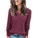 Strickpullover Damen Einfarbig Gestrickter Pullover Gerippt Strickpulli V-Ausschnitt Gestricktes Blusetop mit Seitenschlitz Langarm Pulli Baggy Passform Oberteile Autumn Winter Basic B