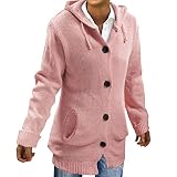 Kapuzenpullover für Damen Langarm Grobstrickjacke Kurz Große Größe Kapuzenpulli Damen Hoodie Frühling Winter Warm Strickmantel Strickjacke Schwarz Damen mit Taschen und Knöpfen(Rot,S)
