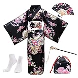 PLULON 5-teiliges japanisches Geisha-Yukata-Kleid, Blüten-Satin-Bademantel mit Kordelzug, Handfächer, Haarnadel, Tabi-Socken-Set für F