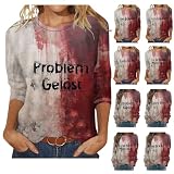 Generisch Problem Gelöst Shirt für Damen 3/4 Arm Halloween Blutiges T-Shirt Halloween Kostüm Damen Halloween Horror Shirt Blutiges Blusen Tops Karneval Kostüm Sportshirt Sale Damen Wein M