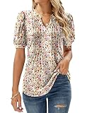 EFFAN Damen Tunika Sommer Oberteil Blusen Weiß Longshirt Kurzarm Blusentops Blumen Tops Longtunika Damenoberteile Blumen-Weiss M