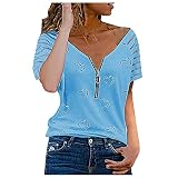 Trendiges Oberteile Damen Tshirt Bluse mit Zipper V-Ausschnitt Sommer Mesh Ärmel kurzärmliges T-Shirt Tops Lässiges Herz Druck Shirt Locker Shirtbluse Bequem Tunika Blusen T-Shirts für F