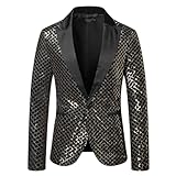 Mymyguoe Herren Pailletten Anzugjacke Sportlich Smokingjacke Glänzend Glitzer Anzugmantel V-Ausschnitt Anzugjacke Freizeit Blazer Karneval Kostüm Für Hochzeit Party Festlich Elegant Outw