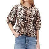 WangsCanis Damen Mode Oberteil mit Schößchen Vorne zum Binden Y2K Hemd Puffärmel Schnürung Schleife Rüschensaum Babydoll Krawatte Blusen (Leopard, S)