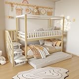 Huayz Etagenbett Kinderbett 90x200 cm mit Ausziehbett und Rausfallschutz, Stockbett mit Treppe und Stauraum, Bettgestell mit Lattenrost, Stauraumbett für Kinder und Jugendliche,ohne M
