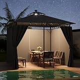Devoko Pavillon 3x3m Wasserdicht Stabil Winterfest mit LED-Beleuchtung, UV-Schutz 50+ Doppeldach Partyzelt Gartenzelt für Festival, Events, Partys für 4-6 Personen, Dunkelg