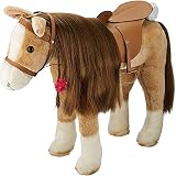 Götz 3403088 Sparky Kämmpferd (Stockmaß 37 cm) – braunes Plüschpferd, Höhe ca. 52 cm für Stehpuppen – mit Sattel, Zaumzeug und Picknickdeck