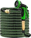 Erweiterbarer Gartenschlauch, 30 m, mit Sprühdüse mit 10 Funktionen, robust, flexibel, 1,9 cm (3/4 Zoll), massive Messingbeschläge, Grü