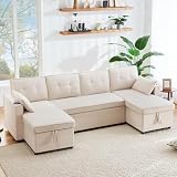 Doyisy Schlafsofa mit Schlaffunktion, U-förmiges Sofa, Polstersofa, Baumwoll-und Leinenstoffe, mit Getränkehalter, Stauräume, geeignet für Familien, W