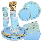 Revivoer Partygeschirr Partyzubehör Pappteller Set, 150 Stück Papier Geschirr Set Einschließlich Tischdecke Teller Becher Servietten zum Geburtstag, Hochzeiten (25 Gäste) (blau)