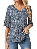 Rapbin Bluse Damen Sommer Elegant T-Shirt V-Ausschnitt 3/4 Arm Blumen Tunika Shirts Oberteile Locker Lässig Tops 2025(Schwarz Druck,M)