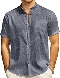 JOGAL Herren Leinenhemd Kurzarm Leinenshirt Regular Fit Sommerhemd Button Down Freizeithemd Tiefblau X-Larg