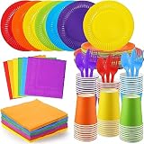 LATERN 210 Stück Buntes Partygeschirr aus Papier, 30 x Speiseteller und Salatteller, 30 x 270ml Tassen, 30 x Servietten, 30 x Messer, Gabel und Löffel - für Neon Fiesta Regenbogen Party Dek